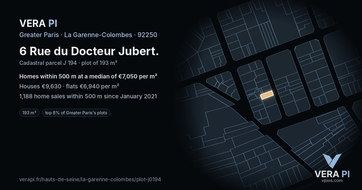 6 Rue du Docteur Jubert, La Garenne-Colombes at night – the plot lit, the parcels around coloured by the prices near them