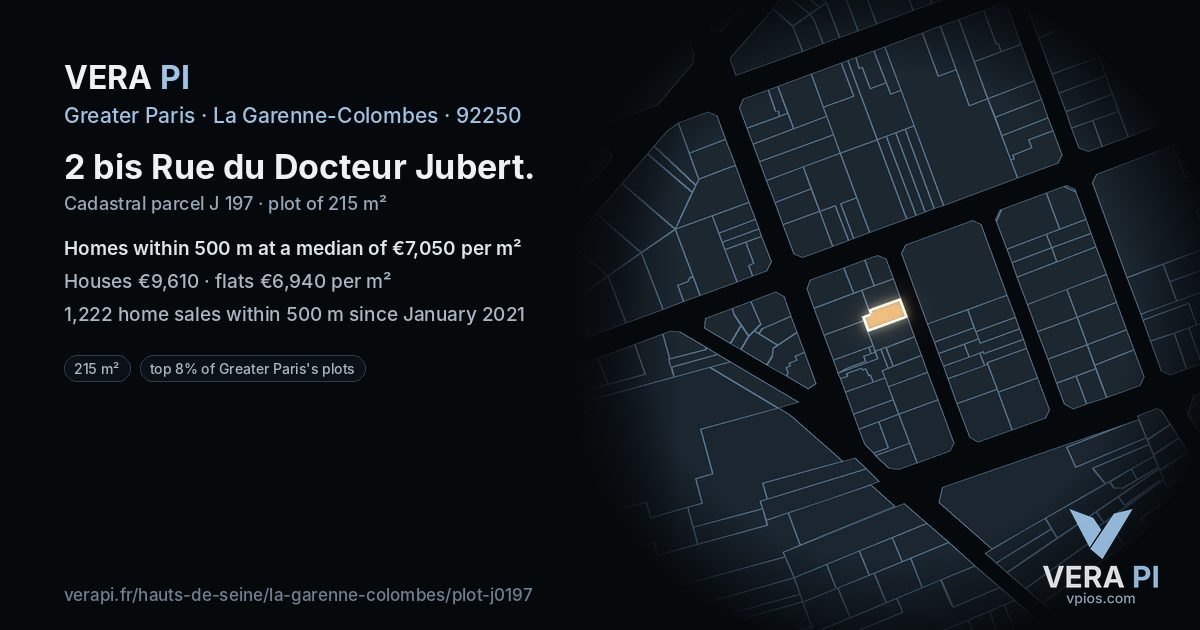 2 bis Rue du Docteur Jubert, La Garenne-Colombes at night – the plot lit, the parcels around coloured by the prices near them