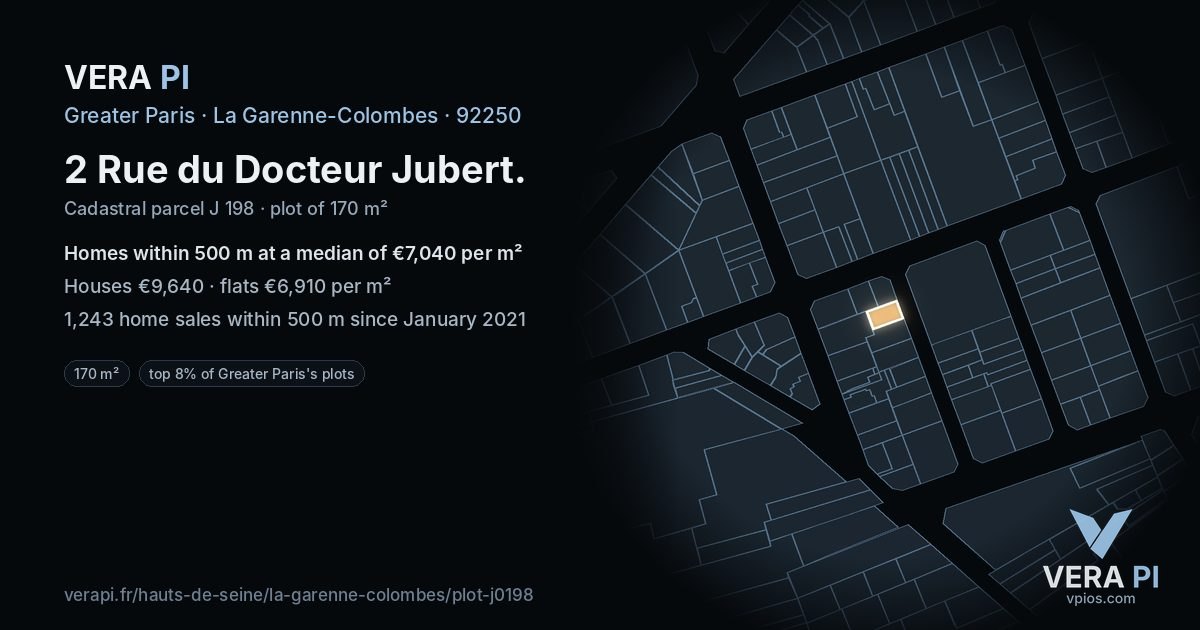 2 Rue du Docteur Jubert, La Garenne-Colombes at night – the plot lit, the parcels around coloured by the prices near them