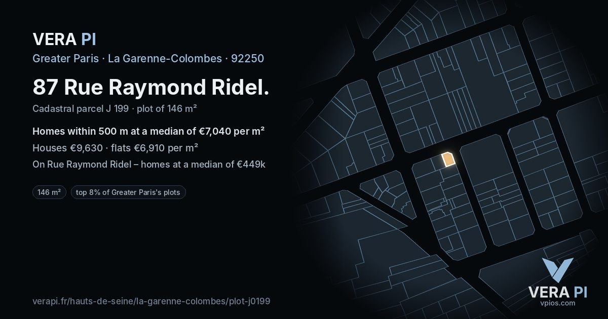 87 Rue Raymond Ridel, La Garenne-Colombes at night – the plot lit, the parcels around coloured by the prices near them