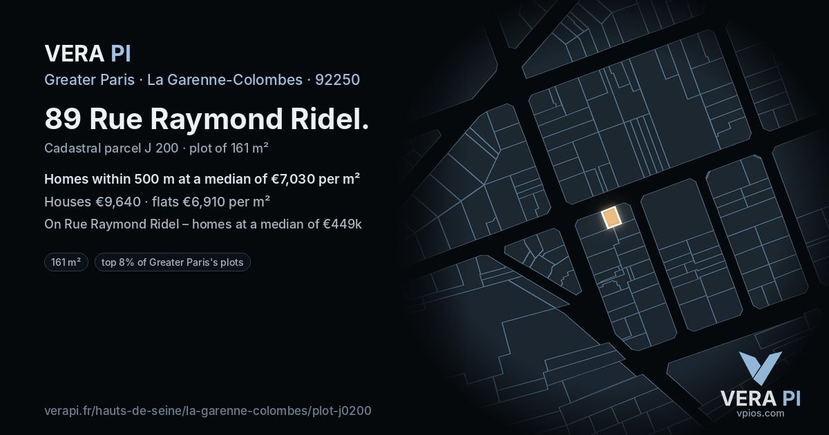 89 Rue Raymond Ridel, La Garenne-Colombes at night – the plot lit, the parcels around coloured by the prices near them