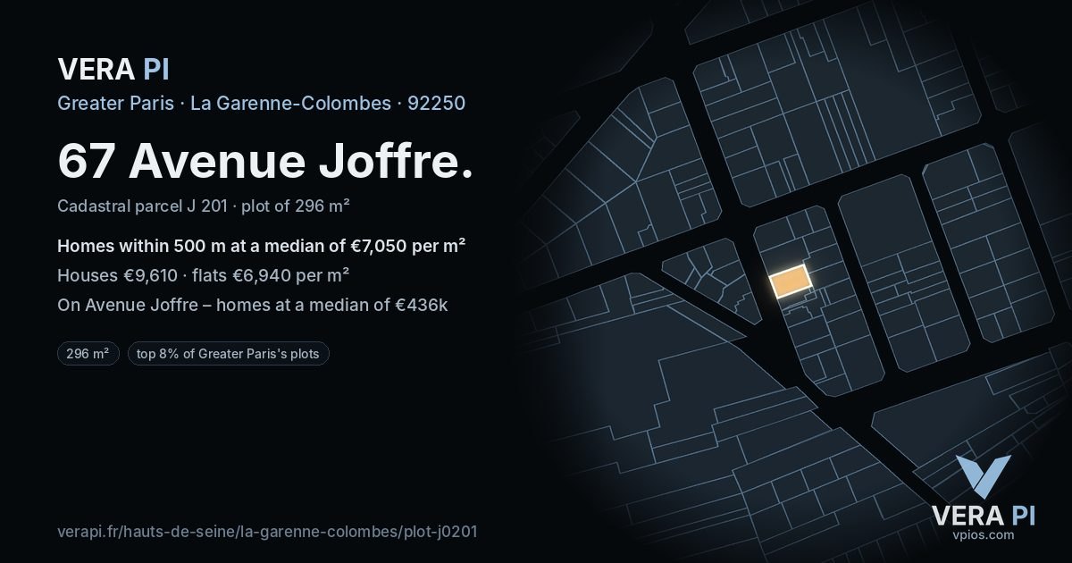 67 Avenue Joffre, La Garenne-Colombes at night – the plot lit, the parcels around coloured by the prices near them