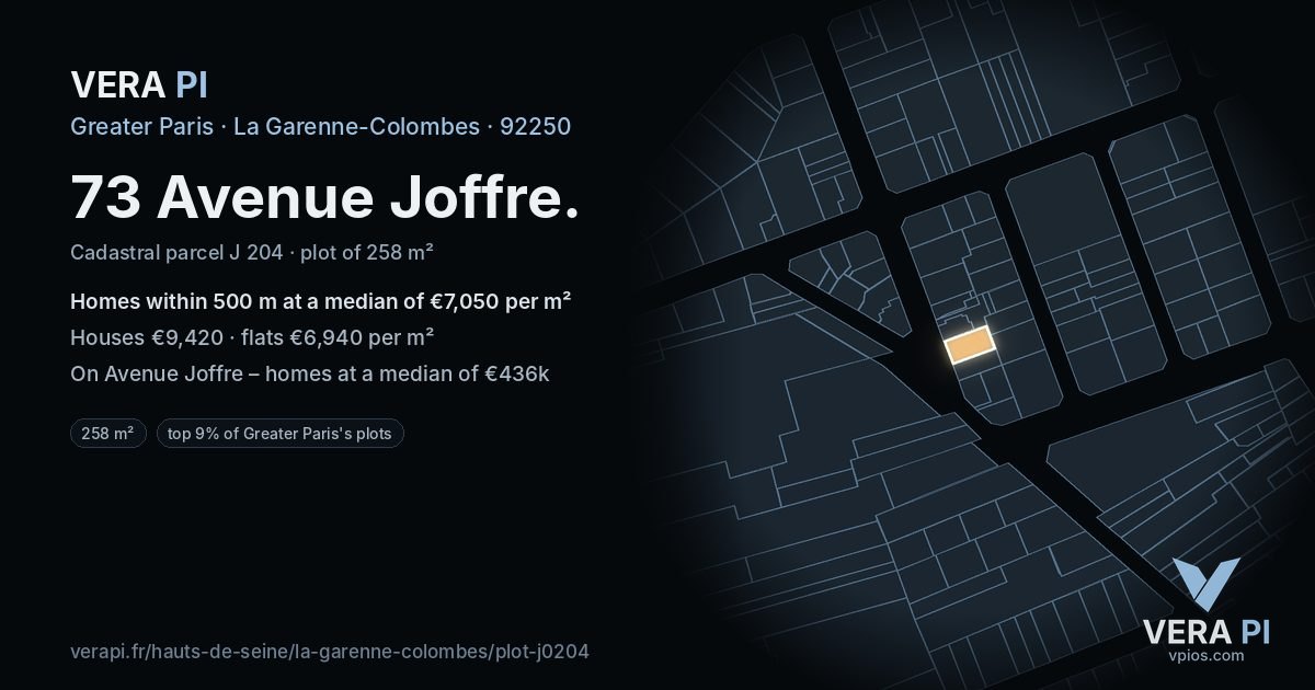 73 Avenue Joffre, La Garenne-Colombes at night – the plot lit, the parcels around coloured by the prices near them