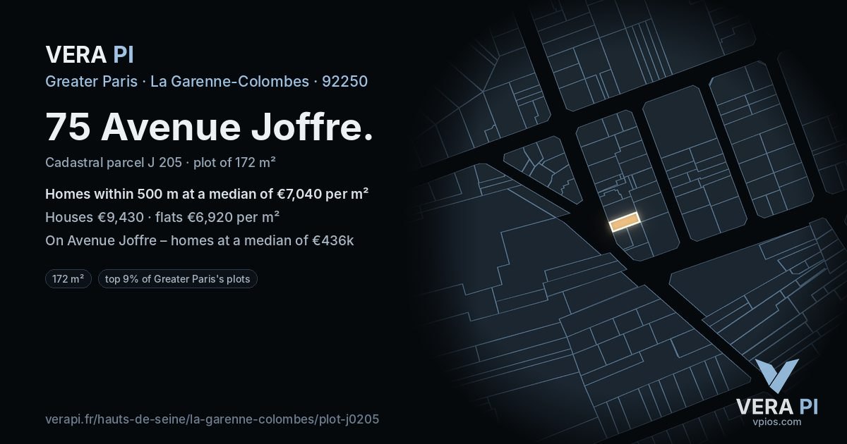 75 Avenue Joffre, La Garenne-Colombes at night – the plot lit, the parcels around coloured by the prices near them