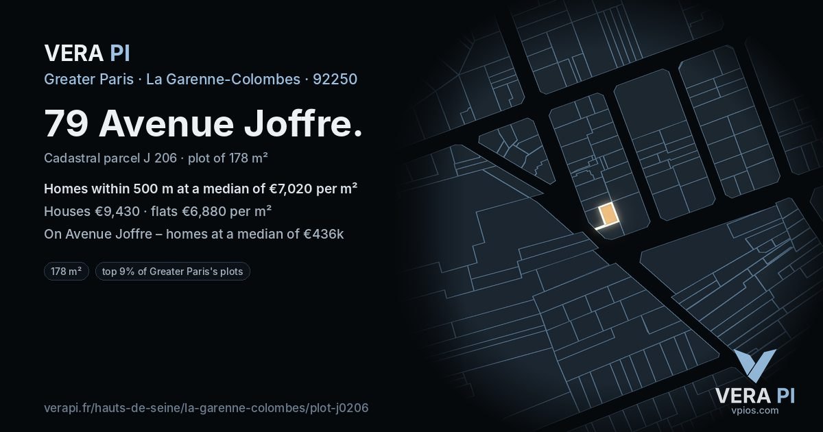79 Avenue Joffre, La Garenne-Colombes at night – the plot lit, the parcels around coloured by the prices near them