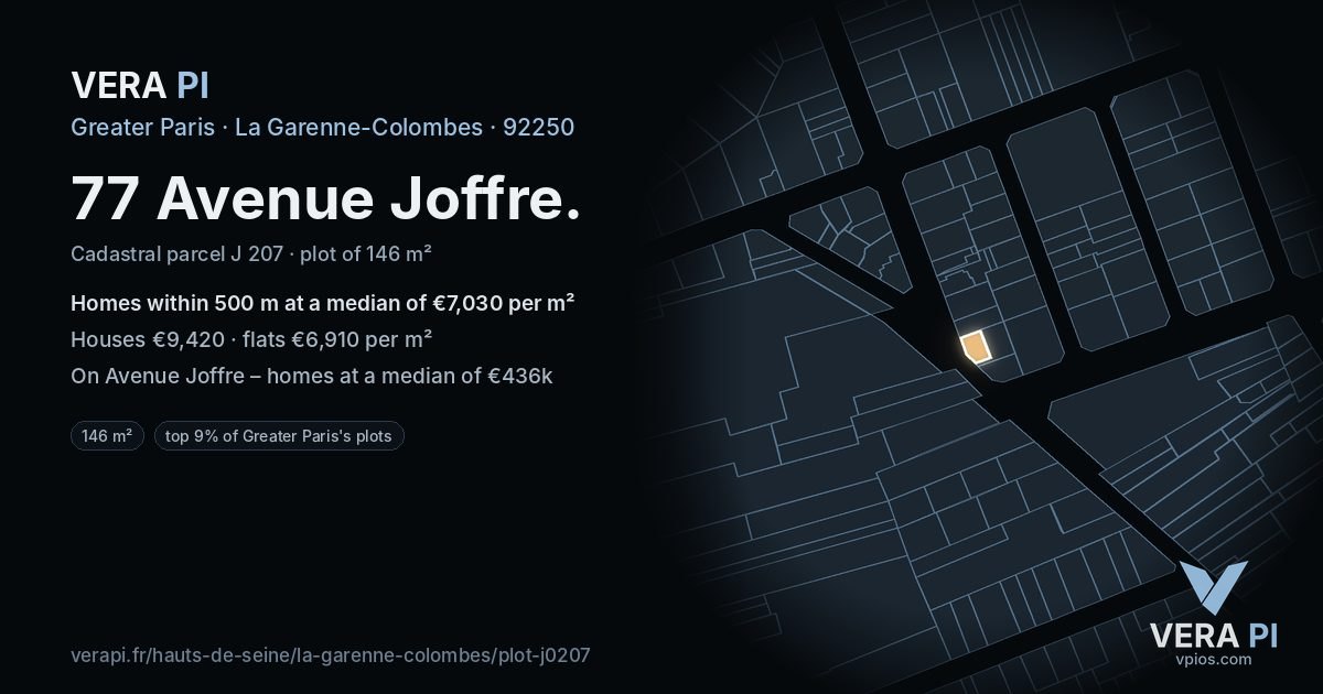 77 Avenue Joffre, La Garenne-Colombes at night – the plot lit, the parcels around coloured by the prices near them