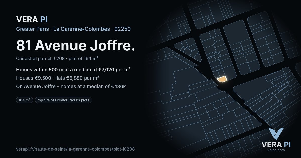 81 Avenue Joffre, La Garenne-Colombes at night – the plot lit, the parcels around coloured by the prices near them