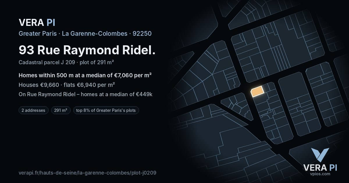93 Rue Raymond Ridel, La Garenne-Colombes at night – the plot lit, the parcels around coloured by the prices near them