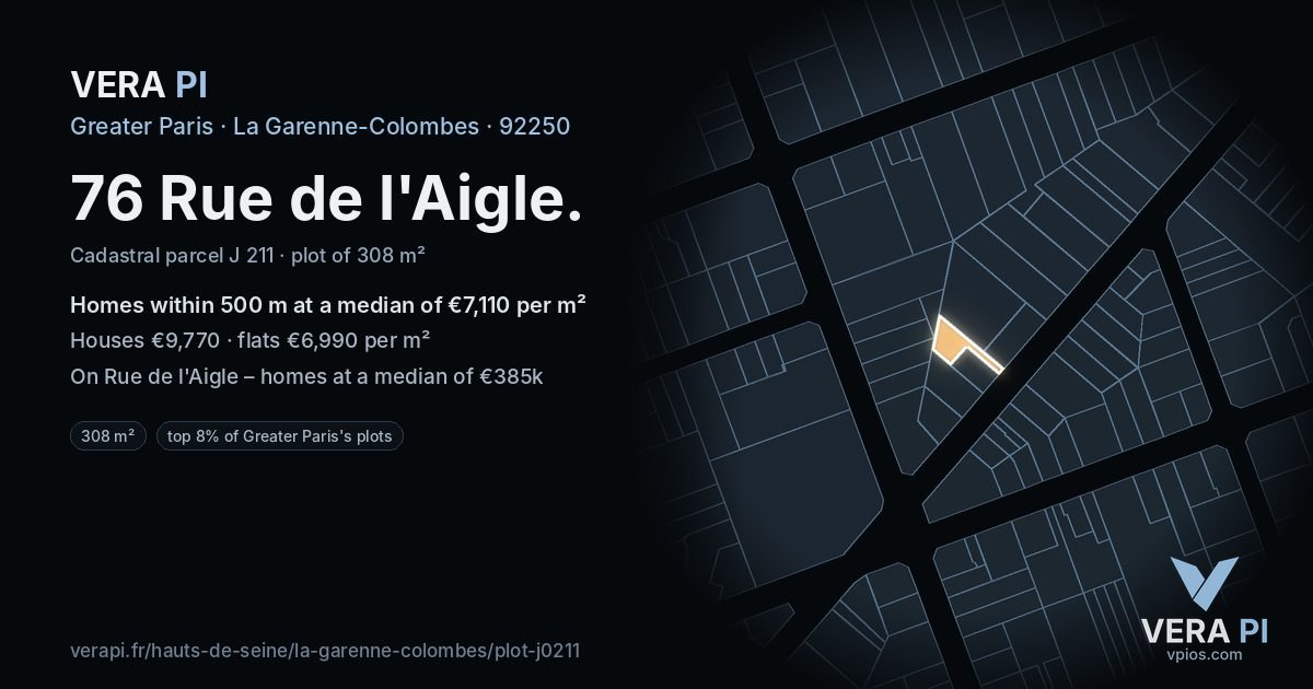 76 Rue de l'Aigle, La Garenne-Colombes at night – the plot lit, the parcels around coloured by the prices near them