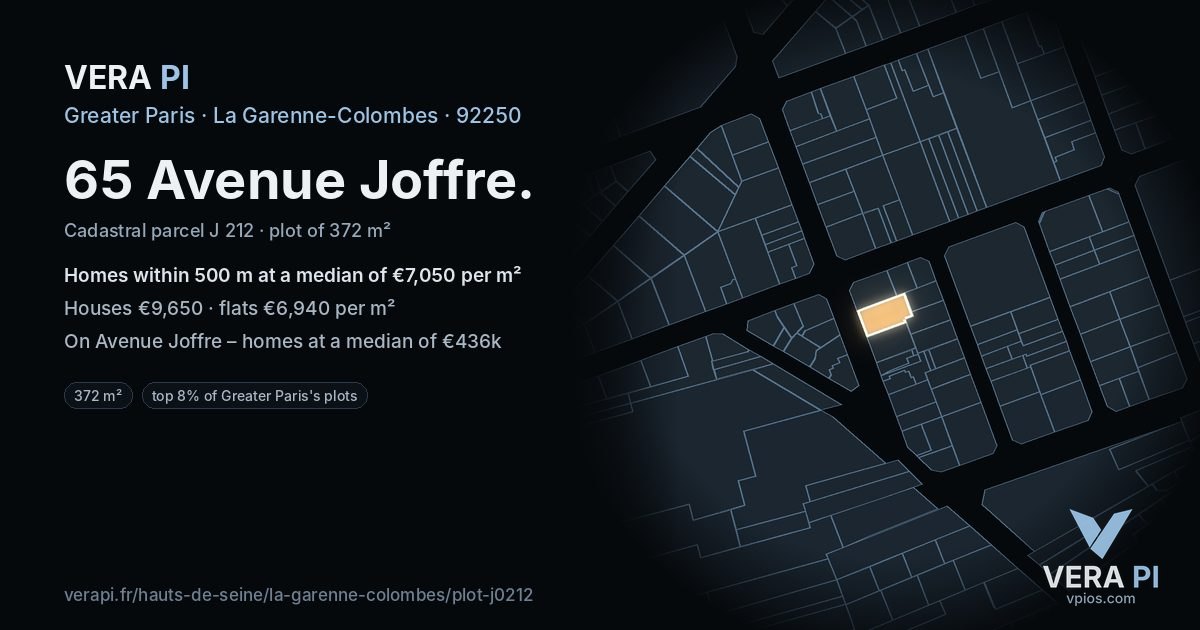 65 Avenue Joffre, La Garenne-Colombes at night – the plot lit, the parcels around coloured by the prices near them