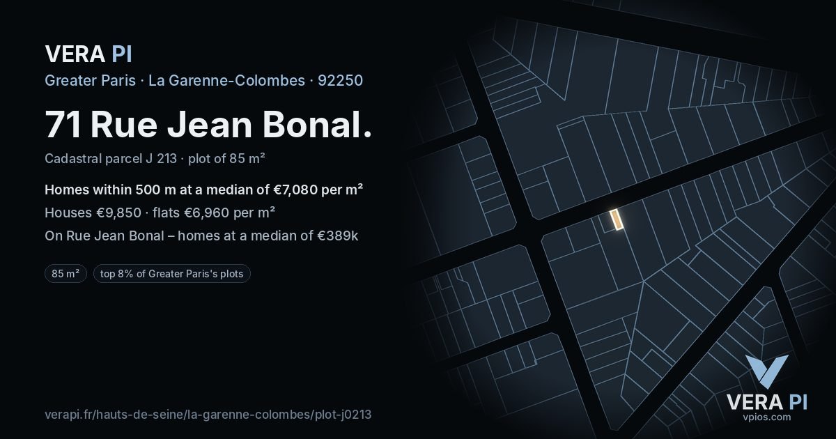 71 Rue Jean Bonal, La Garenne-Colombes at night – the plot lit, the parcels around coloured by the prices near them