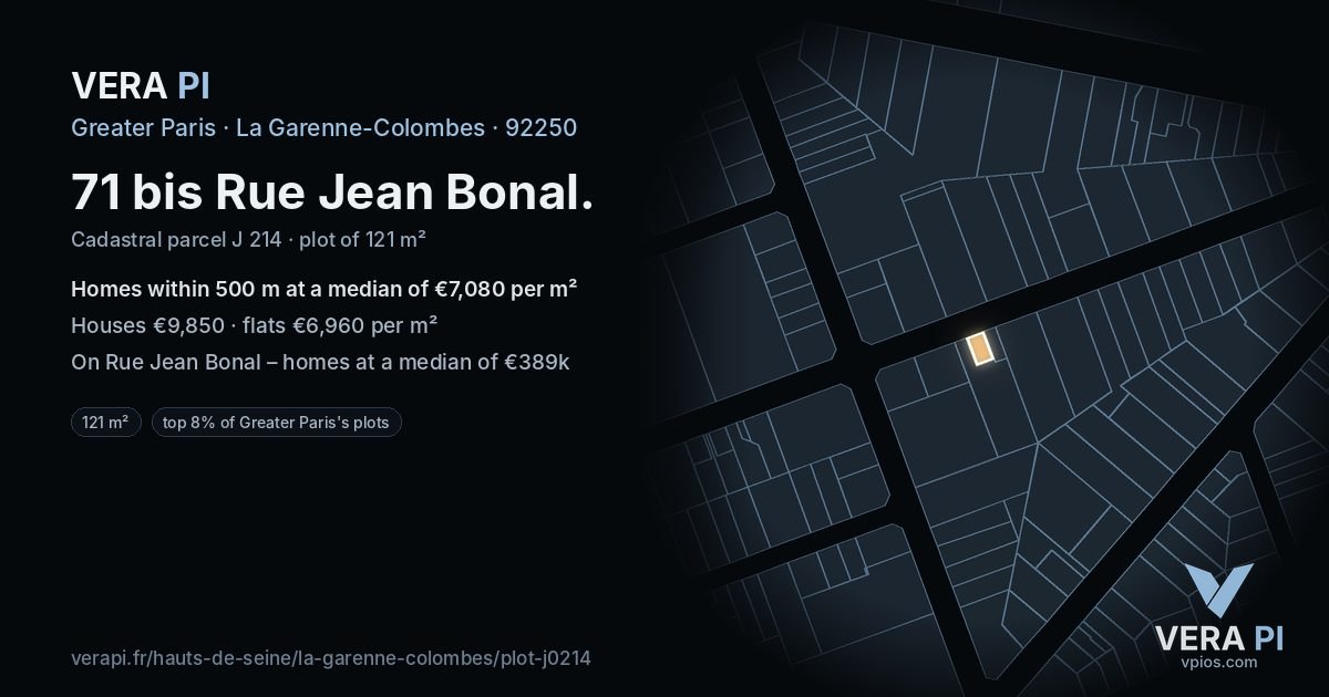 71 bis Rue Jean Bonal, La Garenne-Colombes at night – the plot lit, the parcels around coloured by the prices near them