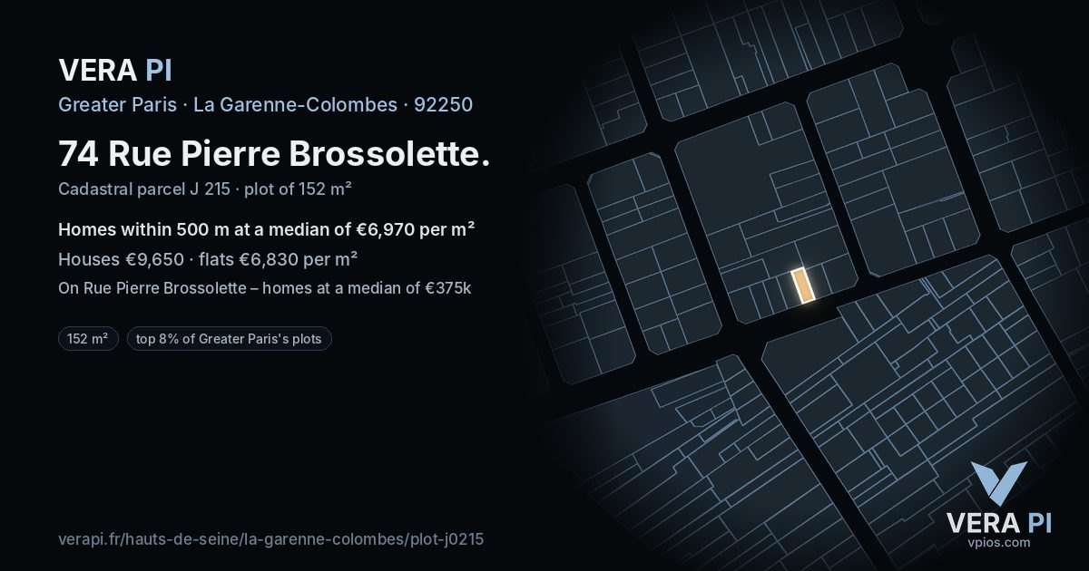 74 Rue Pierre Brossolette, La Garenne-Colombes at night – the plot lit, the parcels around coloured by the prices near them