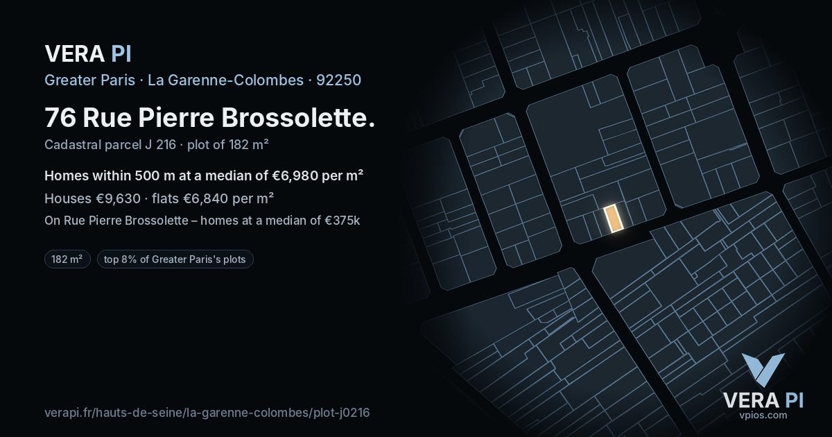 76 Rue Pierre Brossolette, La Garenne-Colombes at night – the plot lit, the parcels around coloured by the prices near them