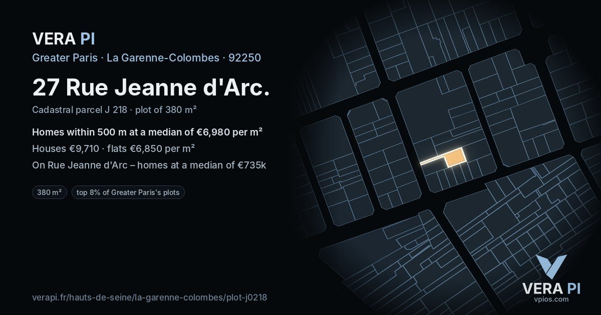 27 Rue Jeanne d'Arc, La Garenne-Colombes at night – the plot lit, the parcels around coloured by the prices near them