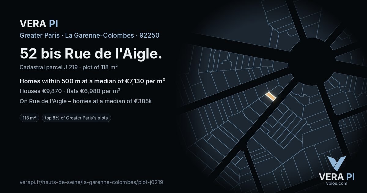52 bis Rue de l'Aigle, La Garenne-Colombes at night – the plot lit, the parcels around coloured by the prices near them
