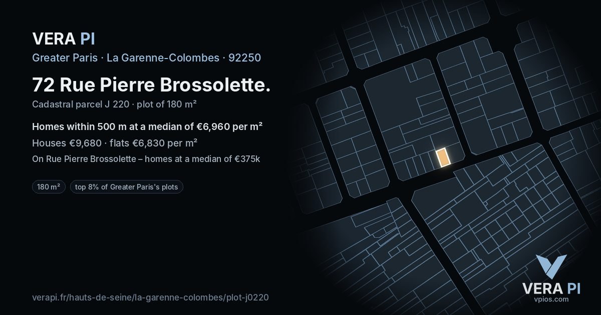 72 Rue Pierre Brossolette, La Garenne-Colombes at night – the plot lit, the parcels around coloured by the prices near them