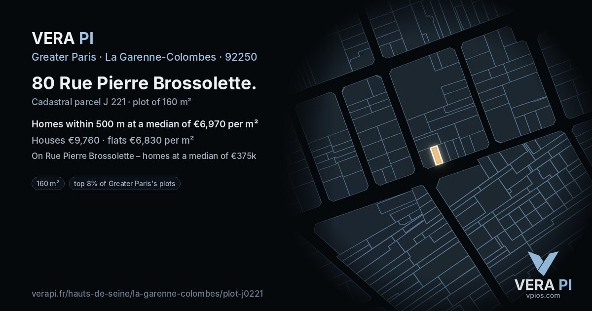 80 Rue Pierre Brossolette, La Garenne-Colombes at night – the plot lit, the parcels around coloured by the prices near them