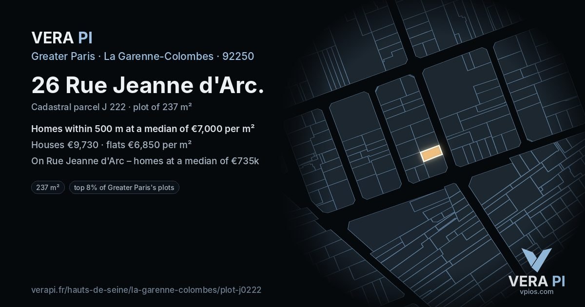 26 Rue Jeanne d'Arc, La Garenne-Colombes at night – the plot lit, the parcels around coloured by the prices near them