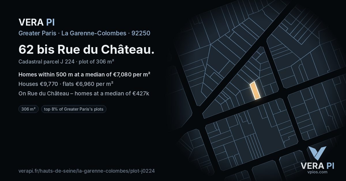62 bis Rue du Château, La Garenne-Colombes at night – the plot lit, the parcels around coloured by the prices near them