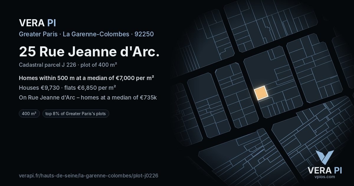 25 Rue Jeanne d'Arc, La Garenne-Colombes at night – the plot lit, the parcels around coloured by the prices near them