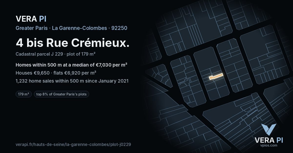 4 bis Rue Crémieux, La Garenne-Colombes at night – the plot lit, the parcels around coloured by the prices near them