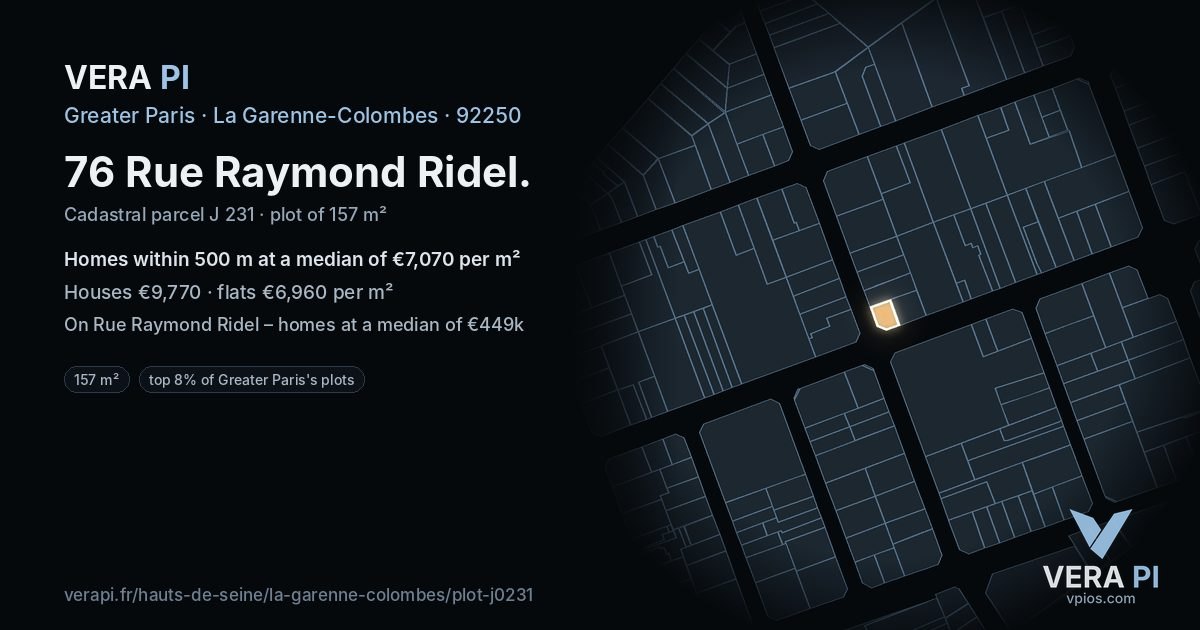 76 Rue Raymond Ridel, La Garenne-Colombes at night – the plot lit, the parcels around coloured by the prices near them
