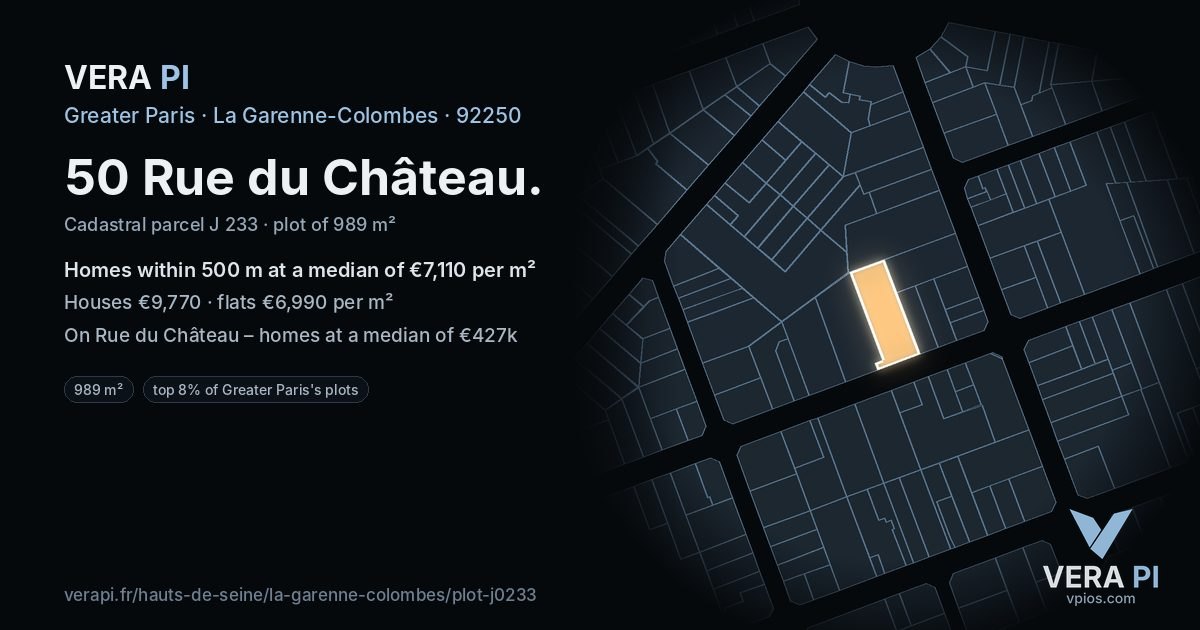 50 Rue du Château, La Garenne-Colombes at night – the plot lit, the parcels around coloured by the prices near them