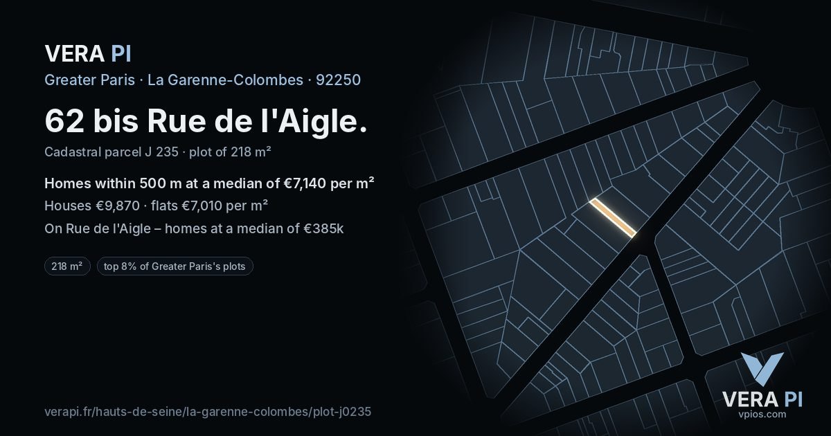 62 bis Rue de l'Aigle, La Garenne-Colombes at night – the plot lit, the parcels around coloured by the prices near them