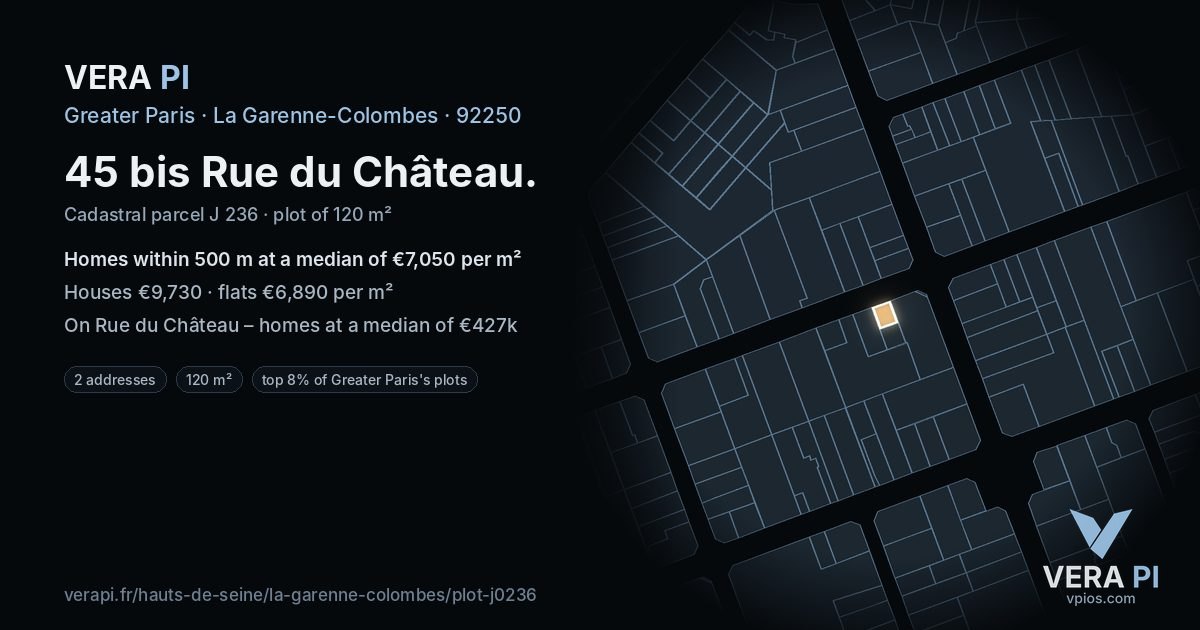 45 bis Rue du Château, La Garenne-Colombes at night – the plot lit, the parcels around coloured by the prices near them
