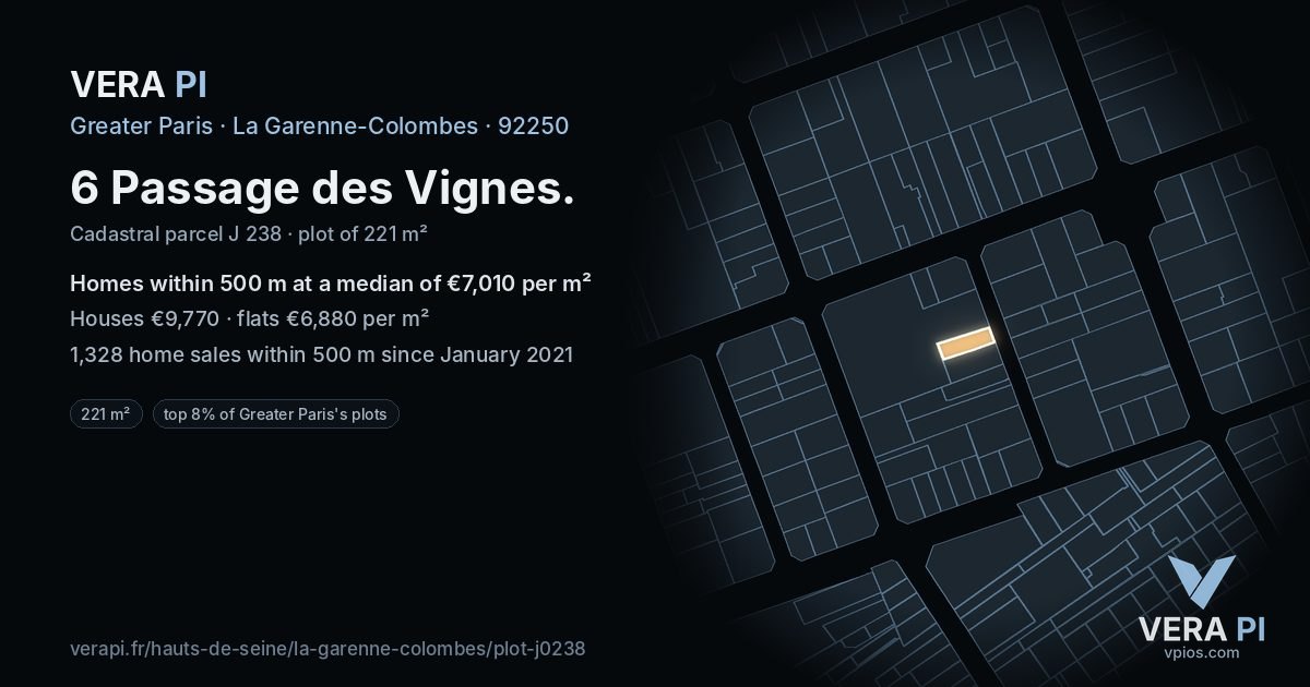 6 Passage des Vignes, La Garenne-Colombes at night – the plot lit, the parcels around coloured by the prices near them