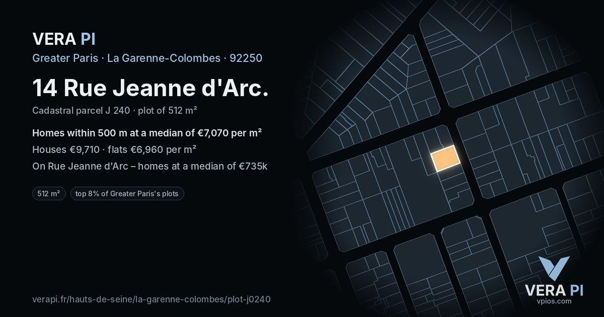 14 Rue Jeanne d'Arc, La Garenne-Colombes at night – the plot lit, the parcels around coloured by the prices near them