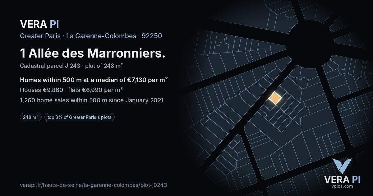 1 Allée des Marronniers, La Garenne-Colombes at night – the plot lit, the parcels around coloured by the prices near them