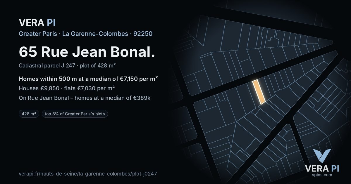 65 Rue Jean Bonal, La Garenne-Colombes at night – the plot lit, the parcels around coloured by the prices near them