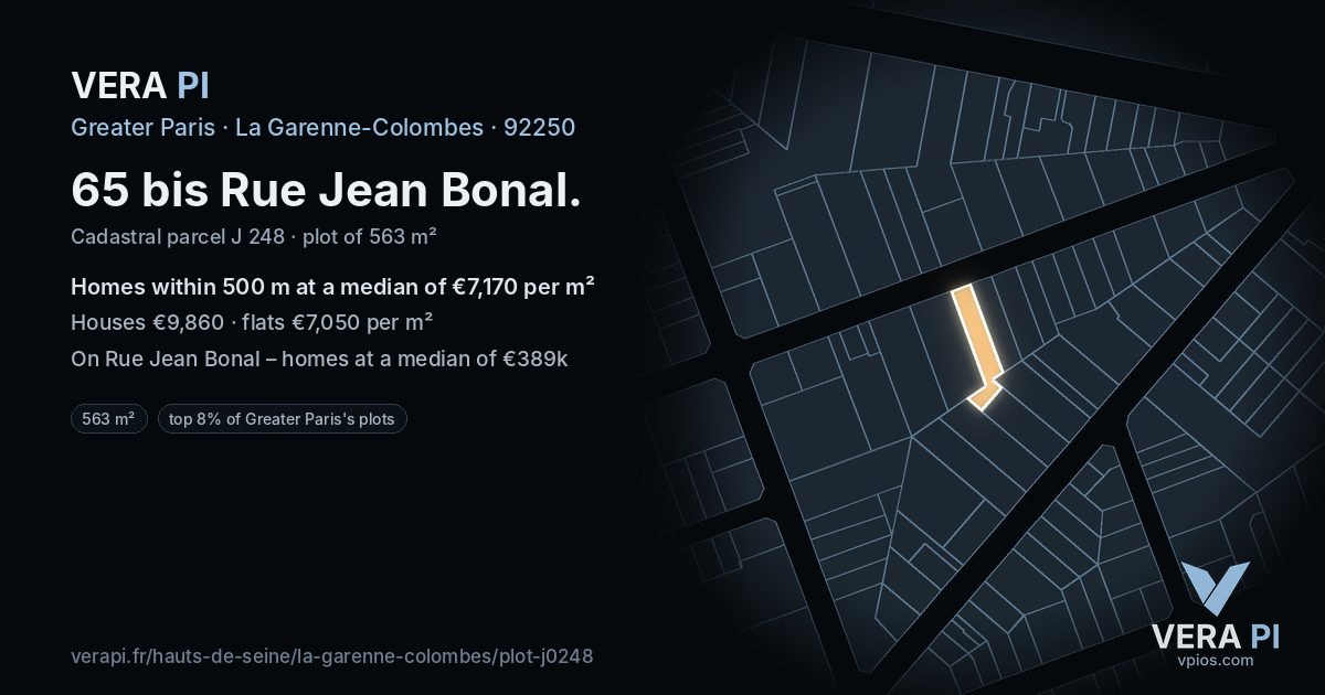 65 bis Rue Jean Bonal, La Garenne-Colombes at night – the plot lit, the parcels around coloured by the prices near them