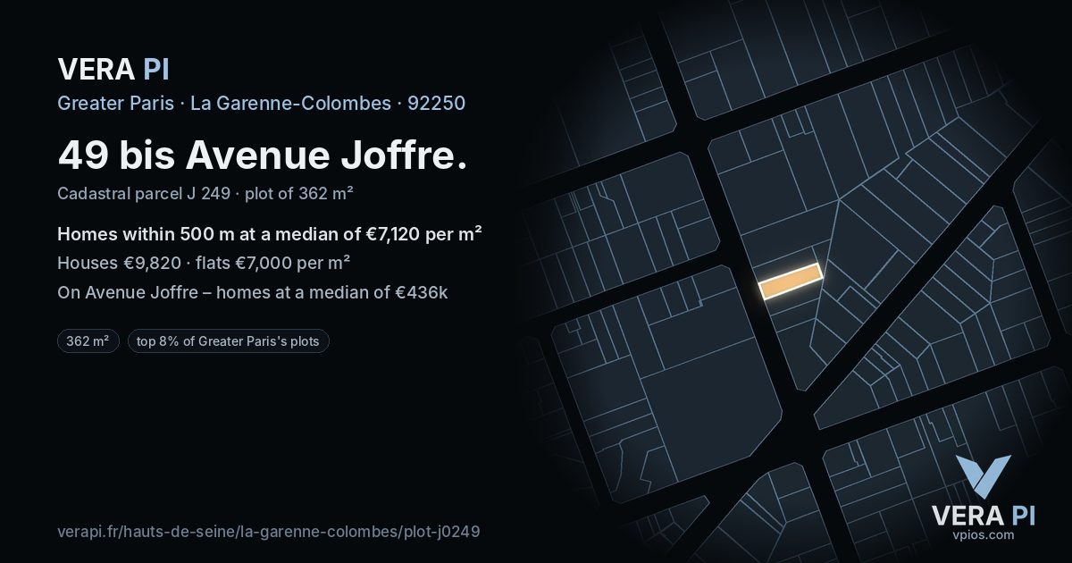 49 bis Avenue Joffre, La Garenne-Colombes at night – the plot lit, the parcels around coloured by the prices near them