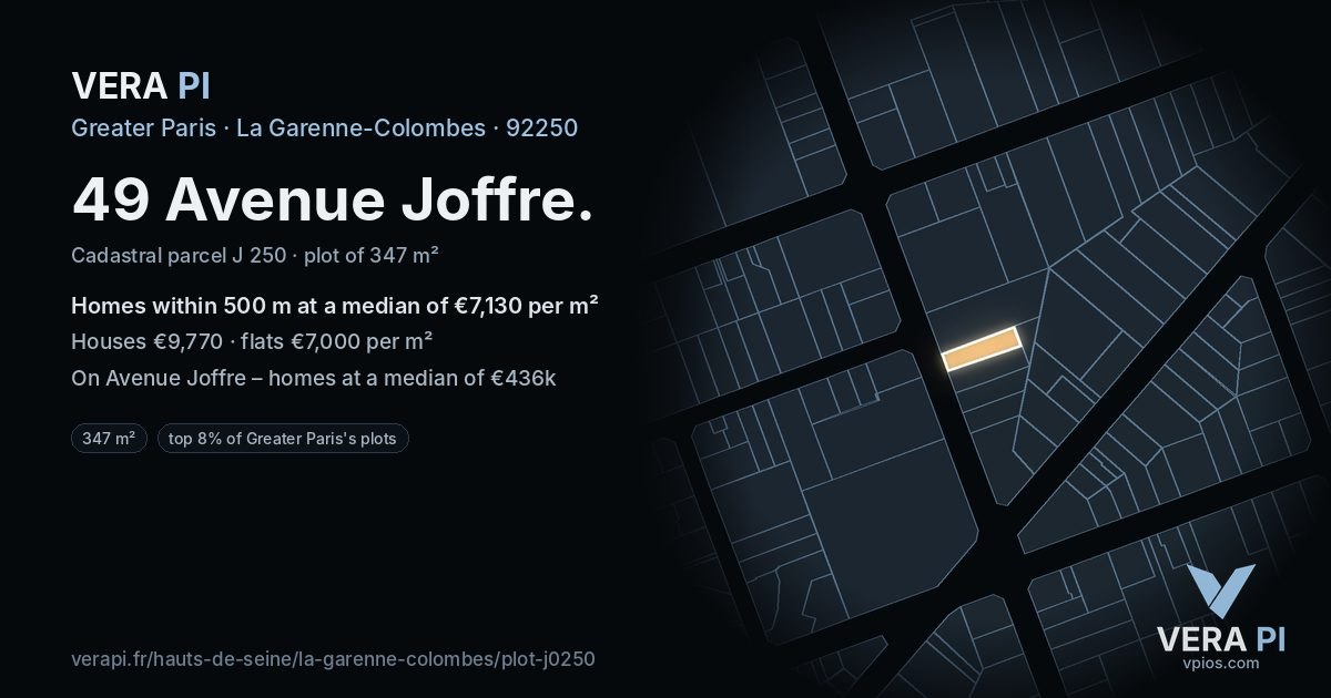 49 Avenue Joffre, La Garenne-Colombes at night – the plot lit, the parcels around coloured by the prices near them