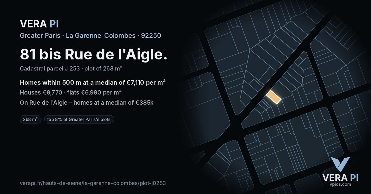 81 bis Rue de l'Aigle, La Garenne-Colombes at night – the plot lit, the parcels around coloured by the prices near them