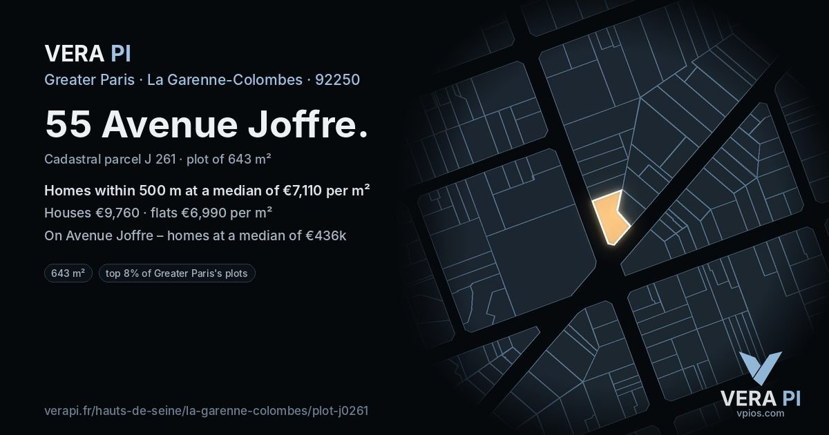 55 Avenue Joffre, La Garenne-Colombes at night – the plot lit, the parcels around coloured by the prices near them