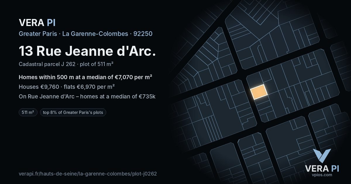 13 Rue Jeanne d'Arc, La Garenne-Colombes at night – the plot lit, the parcels around coloured by the prices near them