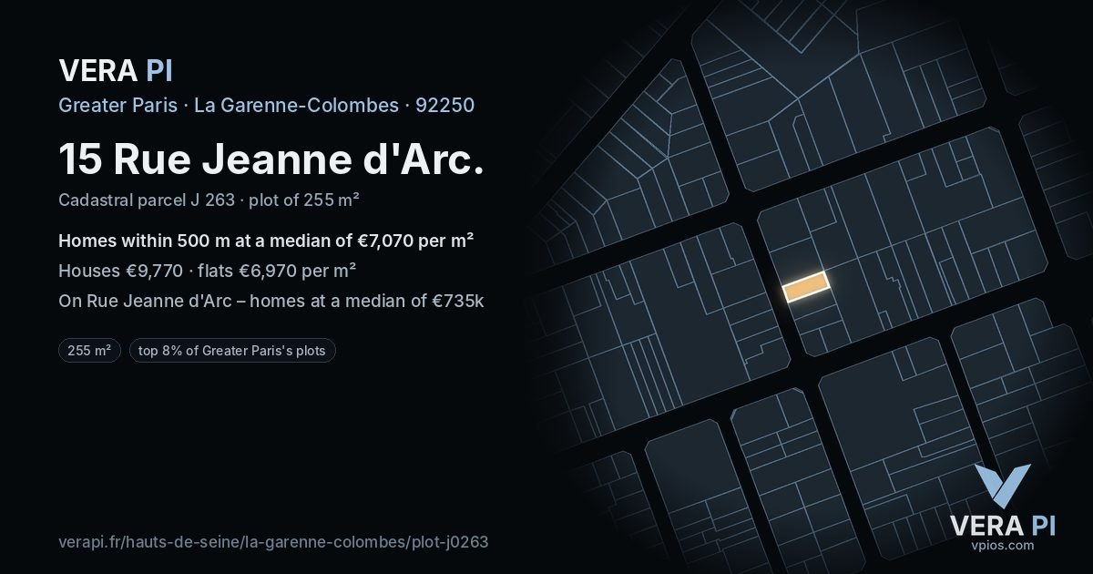 15 Rue Jeanne d'Arc, La Garenne-Colombes at night – the plot lit, the parcels around coloured by the prices near them