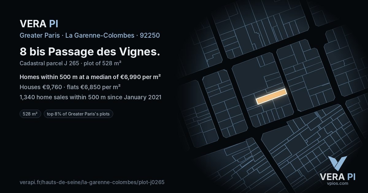 8 bis Passage des Vignes, La Garenne-Colombes at night – the plot lit, the parcels around coloured by the prices near them