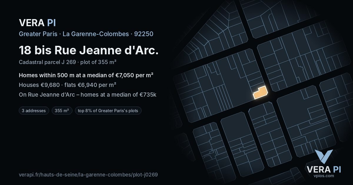 18 bis Rue Jeanne d'Arc, La Garenne-Colombes at night – the plot lit, the parcels around coloured by the prices near them