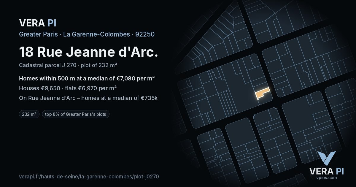 18 Rue Jeanne d'Arc, La Garenne-Colombes at night – the plot lit, the parcels around coloured by the prices near them