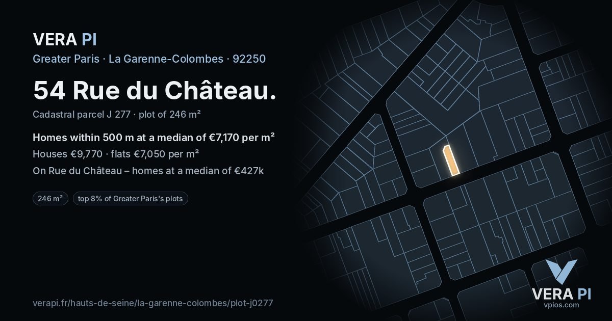 54 Rue du Château, La Garenne-Colombes at night – the plot lit, the parcels around coloured by the prices near them