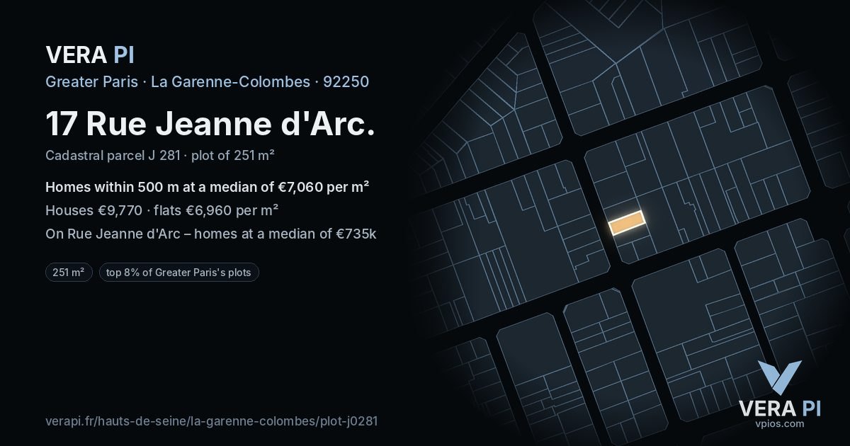 17 Rue Jeanne d'Arc, La Garenne-Colombes at night – the plot lit, the parcels around coloured by the prices near them