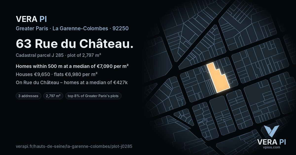 63 Rue du Château, La Garenne-Colombes at night – the plot lit, the parcels around coloured by the prices near them