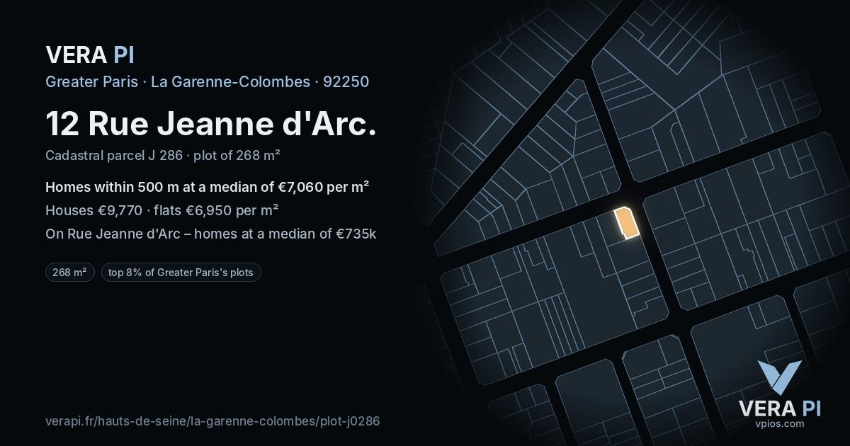12 Rue Jeanne d'Arc, La Garenne-Colombes at night – the plot lit, the parcels around coloured by the prices near them