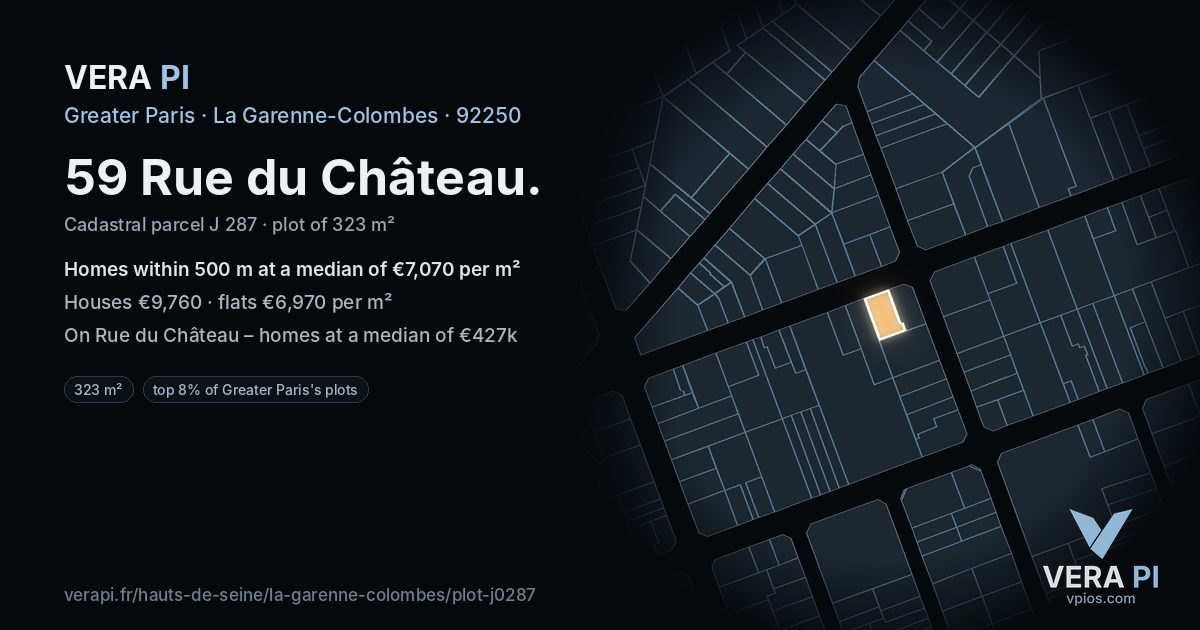 59 Rue du Château, La Garenne-Colombes at night – the plot lit, the parcels around coloured by the prices near them