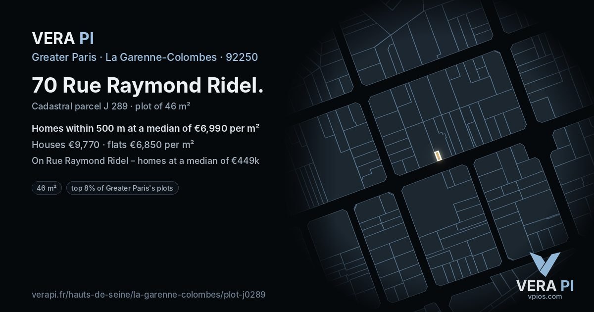 70 Rue Raymond Ridel, La Garenne-Colombes at night – the plot lit, the parcels around coloured by the prices near them